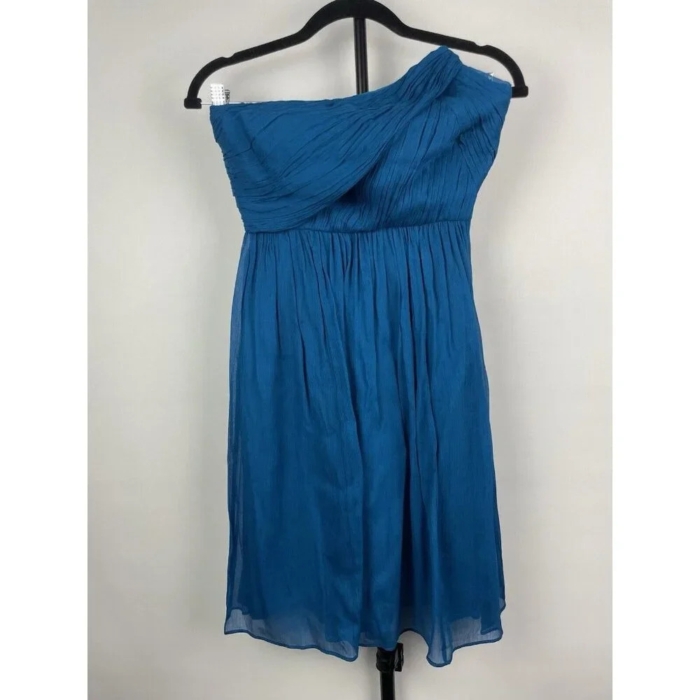 J. Crew Blue‎ 100% Silk Crinkle Chiffon Flowy Strapless Mini Dress Size 0P